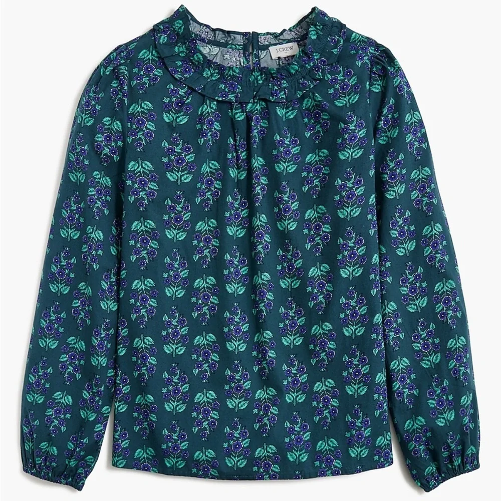 J. Crew Blue Ruffled Long Sleeve Blouse poplin floral